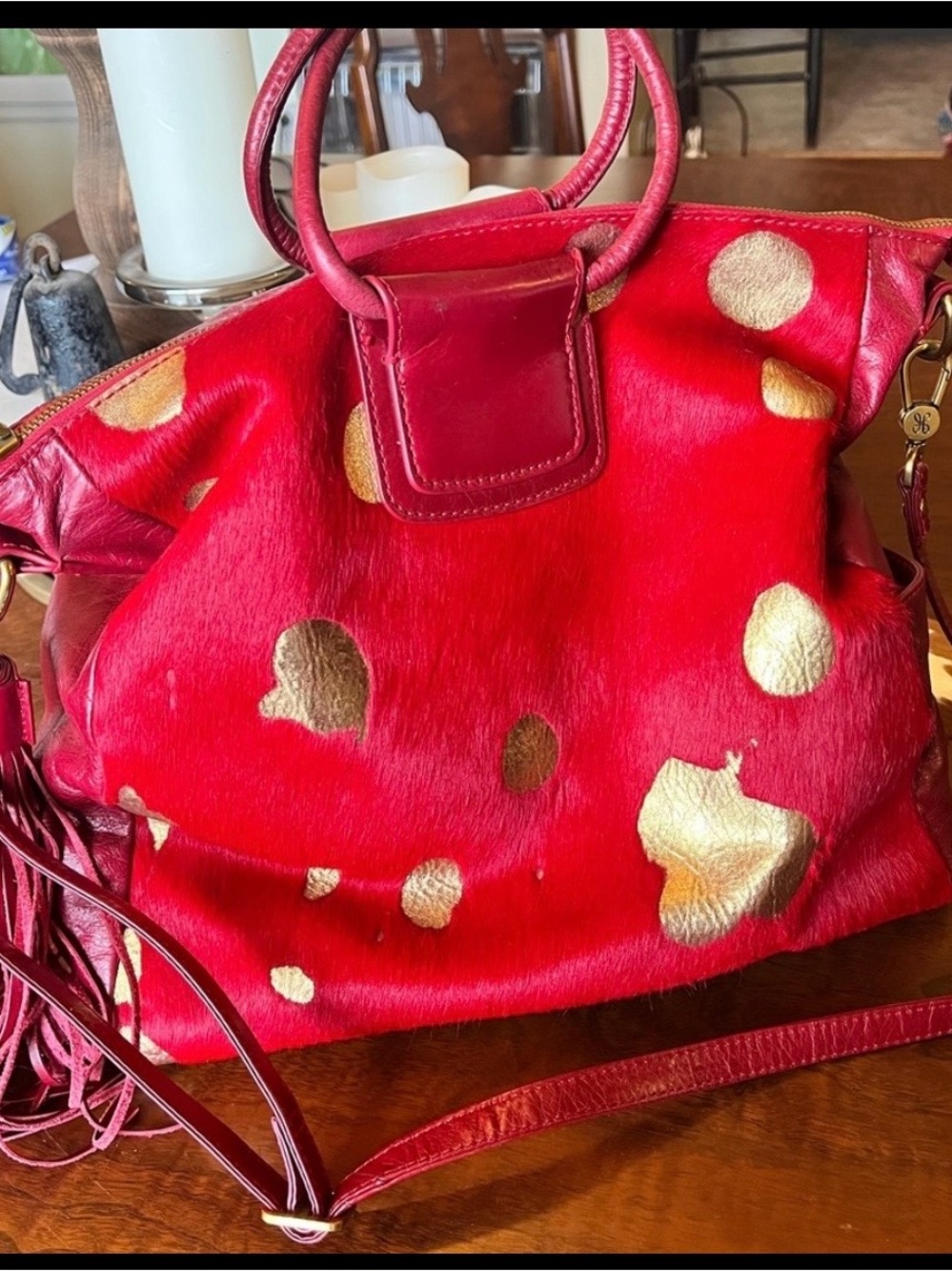 HOBO Red Leather Shoulder Bag with Gold Spots